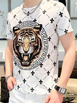 2023 Yaz Yeni 3D Baskı Kaplan Kafası erkek Kısa Kollu Kazak Yuvarlak Boyun T-shirt Moda Trendi