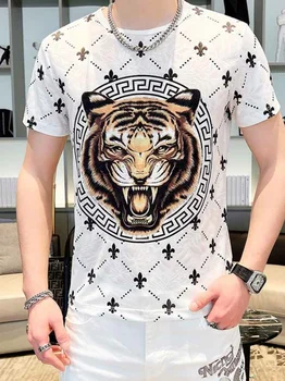 2023 Yaz Yeni 3D Baskı Kaplan Kafası erkek Kısa Kollu Kazak Yuvarlak Boyun T-shirt Moda Trendi