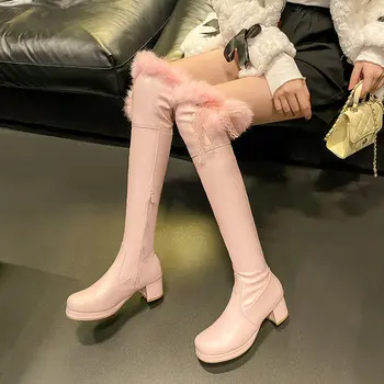 Japon Tarzı Tatlı Lolita JK Kış Kızlar Ayakkabı Pembe Beyaz Overknees Sıcak Kürk Astarlı Kare Tıknaz Topuklu Over-the-diz çizmeler