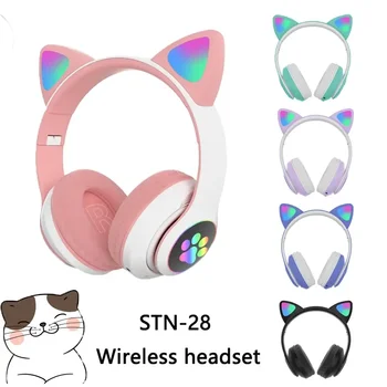 STN - 28 Kablosuz Kulaklık Kedi Kulak 5.0 Bluetooth Kulaklıklar LED yanıp sönen ışık Spor ve Eğlence Kulaklık Çocuklar için Hediye