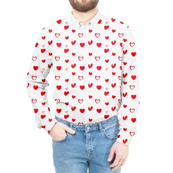 3D Kalp Grafik Baskı Turn Down Yaka Uzun Kollu Gömlek Sonbahar Bahar Bluz erkek giyim sevgililer Günü Noel Tops