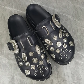 Gümüş Metal Dekor platform sandaletler Kadın Yuvarlak Ayak Siyah İnek Gerçek Deri Terlik Bayan Seksi rahat ayakkabılar
