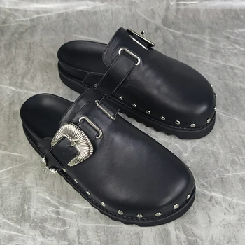 Gümüş Metal Dekor platform sandaletler Kadın Yuvarlak Ayak Siyah İnek Gerçek Deri Terlik Bayan Seksi rahat ayakkabılar