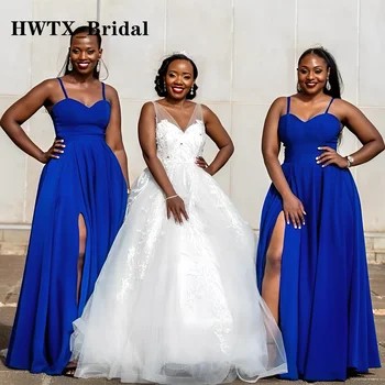 Kraliyet Mavi Bir Çizgi gelinlik modelleri Spagetti Sapanlar Yüksek Bölünmüş Uzun Düğün Parti Elbise Hizmetçi Onur Kadınlar İçin Artı Boyutu