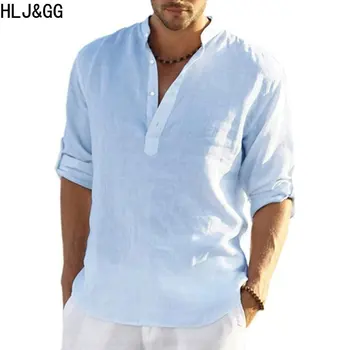 HLJ & GG Yüksek Kaliteli erkek Rahat Pamuk Keten Gömlek Erkek Streetwear Gevşek Uzun Kollu Bluz Bahar Sonbahar Yakışıklı erkek gömlek