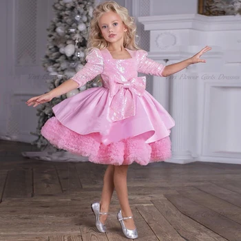 Glitter Pembe Yarım Kollu Bebek Kız Elbise Kabarık Etek Katmanlı Bebek Kız Doğum Günü Partisi Elbisesi Noel Yeni Yıl Elbise Hediye