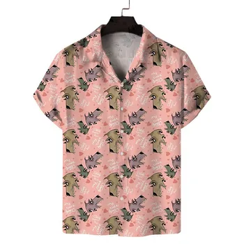 Erkek Hawaii Pembe Baskı Gömlek Yaz Kısa Kollu Üst Moda Casual Gömlek Yaka Düğmesi Giyim