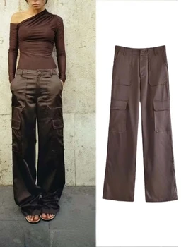 TRAF Kadın Pantolon 2023 Yeni Moda Yeni Katı İpek Saten Kargo Pantolon Manşetleri Kadın günlük pantolon Mujer Kapriler Pantolon