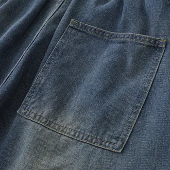 Erkek Yüksek Sokak kot şort Yanan Desen İpli Yıkanmış Gevşek Diz Boyu Pantolon Rahat Düz Kot Beş Noktalı Pantolon