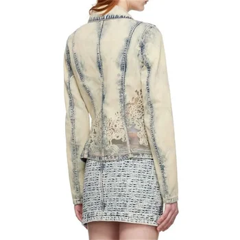 Kadın Kot Ceket 2023 Sonbahar Yeni Kore Moda Lazer Çiçek Yanan Kısa Ceket Vintage Yıkanmış pamuklu uzun kollu tişört Üst traf