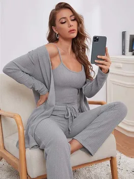 Sonbahar Kış Waffle Örme Pijama Kadın Pijama Askı Üst Pantolon Elbise 3 Adet Takım Elbise Rahat Salon Giyim Ev Giyim 2023