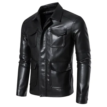 Sonbahar erkek motosiklet deri ceket moda ve yakışıklı kısa deri ceket yaka Punk ceket