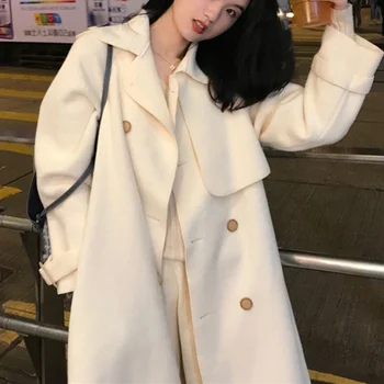 Yeni Kore Versiyonu Gevşek Kravat Moda Mizaç Kruvaze Kalınlaşmış Uzun Yün Ceket Kadın 2023 Sonbahar Kış Ceket