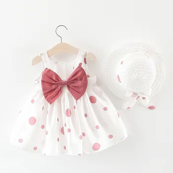 2 adet Kolsuz Güzel Yaz Bebek Bebek Günlük Giyim Rahat Kız Giysileri Moda Sevimli Nokta Yürümeye Başlayan Elbiseler güneş şapkası 6M 12M
