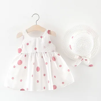 2 adet Kolsuz Güzel Yaz Bebek Bebek Günlük Giyim Rahat Kız Giysileri Moda Sevimli Nokta Yürümeye Başlayan Elbiseler güneş şapkası 6M 12M