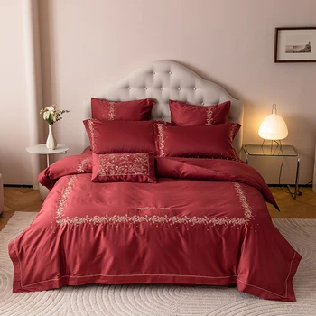 Romantik Nakış nevresim takımı 600TC Pamuk Çift king-size yatak Levha Seti Yastık Kılıfı Nevresim 4 Adet Düğün için (4 Renk)