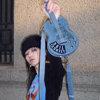 Y2k Gitar Mavi Denim Çanta PU Çanta Kadın Sokak Içbükey Şekli Büyük Kapasiteli Çapraz Vücut Kadın Fermuarlı omuz çantaları postacı çantası