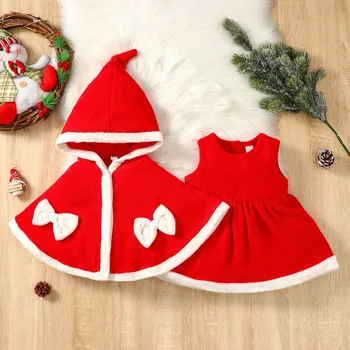 Noel Bebek Kız Seti Polyester Kolsuz Elbise İlmek Kapüşonlu Pelerin 2 Adet Takım Elbise Yeni Yıl Doğum Günü Partisi Kıyafet Giysileri