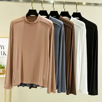 Orta Yüksek Yaka Modal İç Çamaşırı Sonbahar kadın T - shirt Uzun Kollu İnce Katı Renkler 2023 Yeni Stil Büyük Boy T Shirt