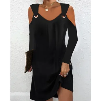 Zarif kadın Elbise 2023 Sonbahar Yeni Moda Rahat Metal Düğme V Yaka Katı Baskı Kapalı Omuz Uzun Kollu Midskirt S-XXL