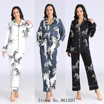 Zebra Baskı Pijama Takım Elbise Yeni Yaz Pijama Gecelik Kadın Loungewear Pantolon Seti Saten Ev Giysileri Gevşek Pijama Gecelik
