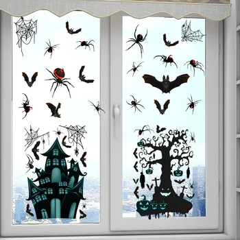 Cadılar bayramı Pencere Tutunur Siyah Yarasalar Örümcek Perili ev Kabaklar Hayalet Korkunç İskelet Çıkartmaları Sticker, cadılar Bayramı Parti Malzemeleri