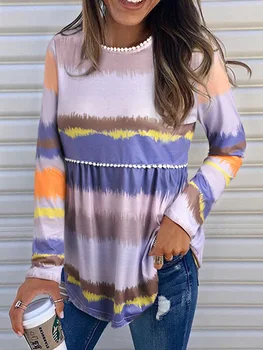 2023 Yeni Pom Pom Trim Renkli Degrade uzun Kollu Bluz Kadın İlkbahar Sonbahar Bluz Gömlek Bayan Rahat Baskılı Bluzlar Tops