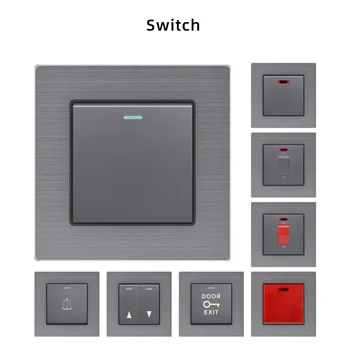 Uluslararası basma düğmesi ışık anahtarı, Alüminyum fırçalanmış panel Fransız soket, 1/2 / 3Gang duvar anahtarı, İNGİLTERE AB soket ile USB 250V