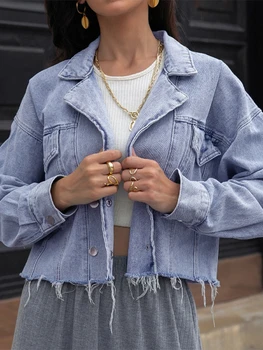 Fitaylor Yeni Bahar Sonbahar Moda Kruvaze Kısa Denim Ceketler Kadın Streetwear Casual Yaka Cepler Jean Ceket Dış Giyim