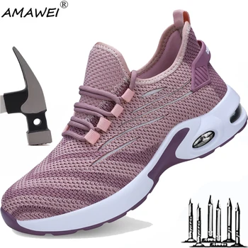 AMAWEI Bayan iş çizmeleri Hafif delikli sneaker Çelik Ayak Anti Şok Delinmez Kaymaz Sneakers Güvenlik Ayakkabıları