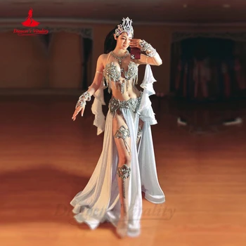 Oryantal Dans Performansı Set Kadın Customsized Kıdemli Sutyen + bölünmüş Uzun Etek + kollu + bilezik 4 adet Bellydance Profesyonel Kıyafet