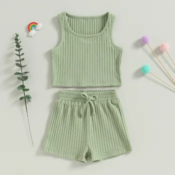 Rahat Yaz Çocuk Kız dış giyim Seti Düz Renk Kolsuz Kaburga Örgü Tankı Üstleri Elastik Bel Şort Çocuk Giysileri