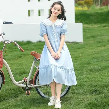 Kızlar Yaz Kısa Kollu Elbise Genç Çocuk Bebek Boyun Prenses Elbise Kore Mizaç Rahat Etek Yeni Trend
