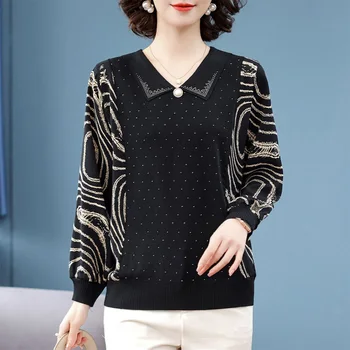 2023 Yeni Bahar ve Sonbahar Moda Yabancı Stil Sıcak Elmas Yaka Pin Boncuk Baskı Rahat Gevşek Çok Yönlü İnce kadın Örgü Gömlek