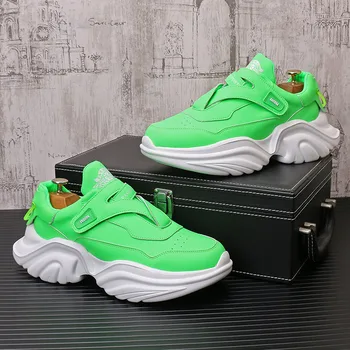 Yeni Moda Tasarımcısı erkek Beyaz Yeşil Kalın Tabanlı Ayakkabılar Erkek Rahat Flats Moccasins Yürüyüş Yüksekliği Artan Ayakkabı