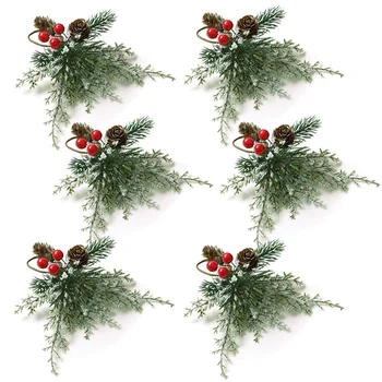 Noel peçete halkaları 6 Set Peçete Tutucu Yüzük suni çam kozalakları Dalları Kırmızı Berry Dekor