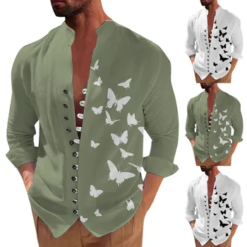 Vintage Gömlek Erkekler İçin Retro Rahat Gevşek Uydurma Uzun Kollu Baskılı Gömlek Moda Ayakta Yaka Üst Vintage Giyim Hırka