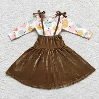2023 Yeni Güncelleme RTS Butik Yürümeye Başlayan Kızlar Kabak Üst Kadife kemerli elbise Küçük Çocuklar Sonbahar Elbiseler