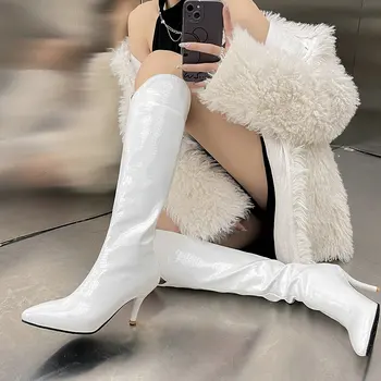 2022 Kış Yeni Beyaz Yeşil Sivri Burun Diz Yüksek Çizmeler Bayan Batı İnce Yüksek Topuklu Stiletto Botines Artı Boyutu 33-48 Ayakkabı