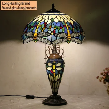 LongHuiJing Dragonfly Vitray Abajur masa ışığı Tiffany Tarzı Masa Lambası Işıklı Taban İle 16 İnç Genişlik x 25 inç Yükseklik