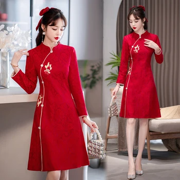 Çin Geleneksel kadın Giyim High-end Cheongsam Kaliteli Sonbahar Uzun Kollu Dantel Nakış Vintage Kırmızı Qipao Elbise