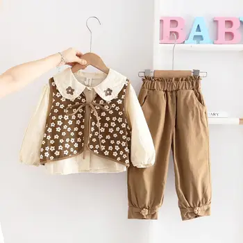 0-5 yaşında bebek kız giyim seti üç parçalı moda yaka baskı desen bebek giyim seti