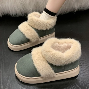 Kürk Sıcak Kadınlar Flats Ayakkabı Platformu Ayak Bileği Chelsea Çizmeler 2023 Kış Yeni Trend Süet ayakkabı Kısa Peluş Pamuklu Kadın Kar Botları