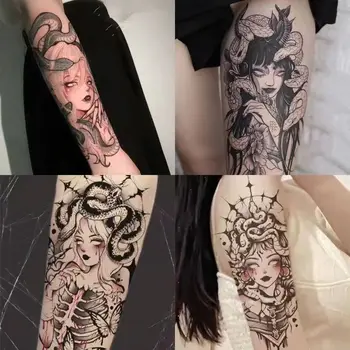 4 adet Hydra Kraliçe Koyu Dövme Etiket Çiçek Kol Medusa Su Geçirmez Sıcak Kız Seksi Geçici Sahte Dövme Kalıcı Tatouage Temporaire