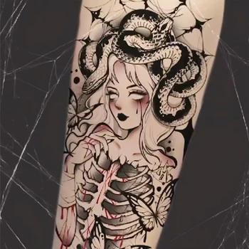 4 adet Hydra Kraliçe Koyu Dövme Etiket Çiçek Kol Medusa Su Geçirmez Sıcak Kız Seksi Geçici Sahte Dövme Kalıcı Tatouage Temporaire