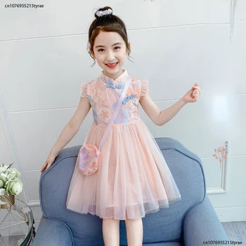 Kız Elbise yaz giysileri Hanfu Yeni Moda çocuk Vintage Net İplik Elbise Çocuk Kız Elbise Okul Düğün için 12 yıl