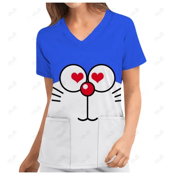 Doraemon Makinesi Kedi Karikatür Baskı Bakımı Buzlu Üst kadın kısa kollu t-shirt V Yaka Buzlu Üniforma Koruyucu