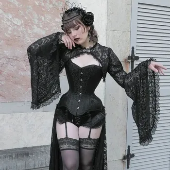 Yeni 2023 Koyu Gotik Tarzı kadın Alevlendi Kollu Gevşek Seksi Dantel Hollow Düğmeli İpek Bluz Kadınlar