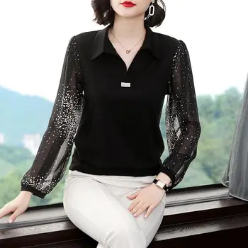 Uzun Kollu Kazaklar Katı Patchwork Yeni Turn-aşağı Yaka Baskı T-Shirt Kore Moda Gevşek Vintage Kadın Giyim Siyah