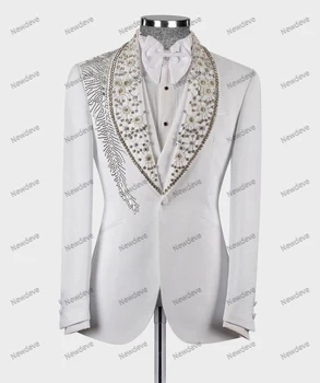 Lüks erkek Takım Elbise Özel 2 Parça Blazer Yelek Bir Düğme Şeffaf Yaka Boncuk Elmas Kristal Düğün Resmi Smokin Custom Made